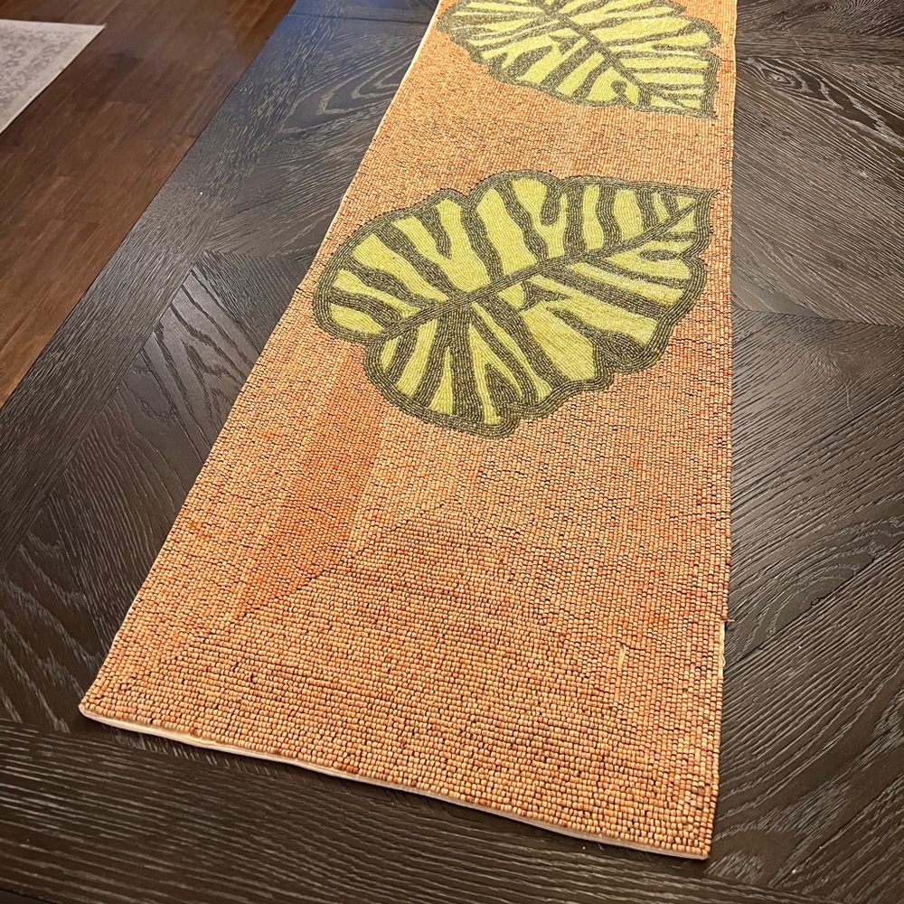 Beaded Table Runner/centerpiece monstera plants beige green leafs beads